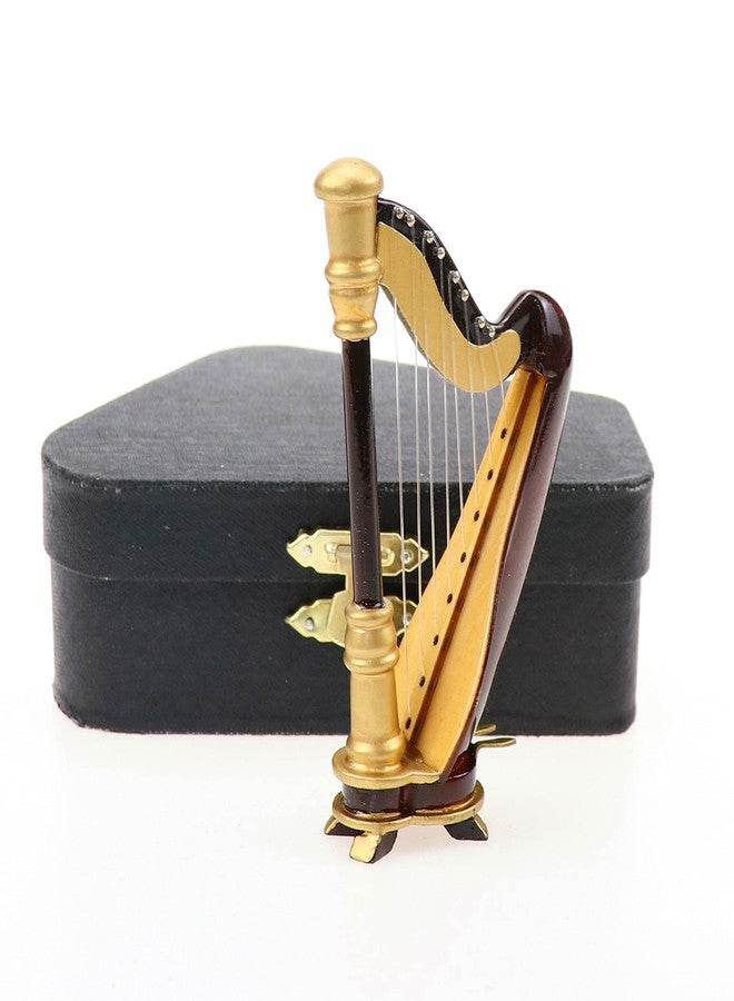 Dselvgvu Wooden Miniature Harp with Case Mini Musical Instrument Harp Replica Collectible Figurines Dollhouse Accessories Model Home Decoration Display Ornament (3.54"x1.97"x0.91") - Image 1